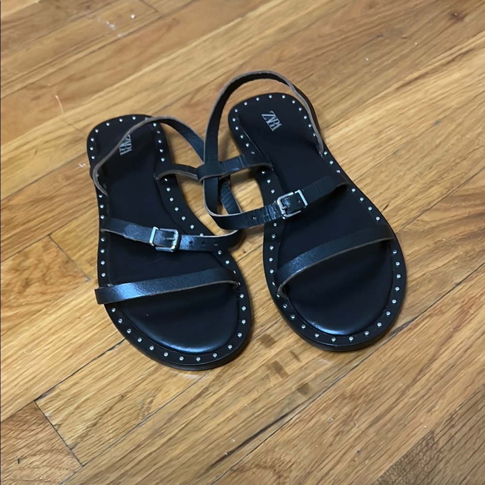 Zara Black T-Strap Sandals with Silver Studs